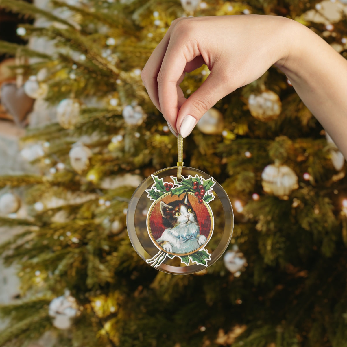 Cute Cat Luxurious Christmas Glass Ornament