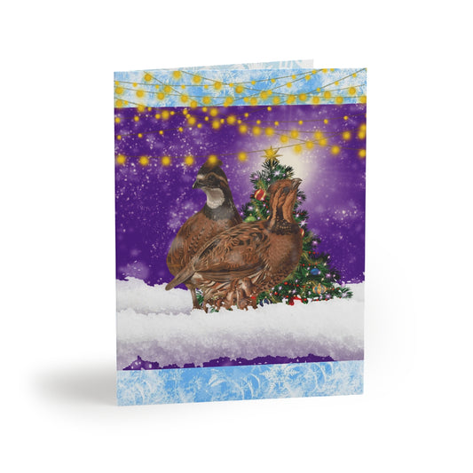 Quail with Chicks purple Christmas Greeting cards (8 and 16 pcs)