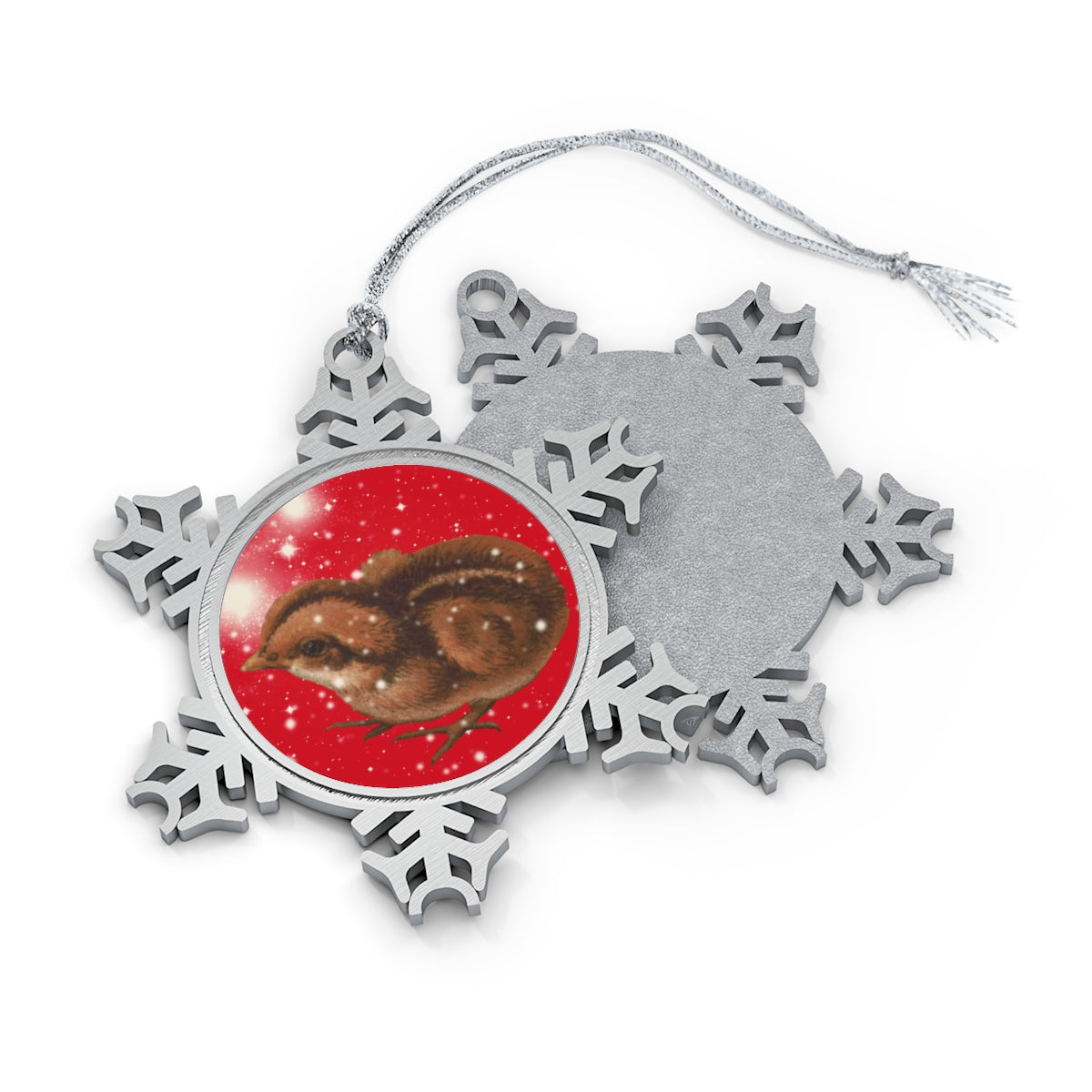 Quail Chick red Pewter Snowflake Ornament