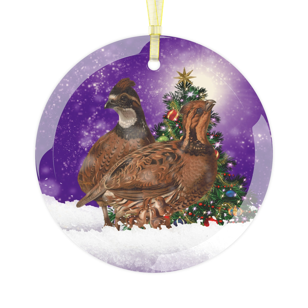 Quail with Chicks purple Luxurious Christmas Glass Ornament